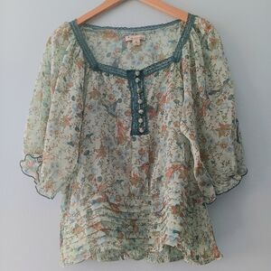 Forever 21 Lace-Trim Sheer Bird Print 3/4 Sleeve Blouse M